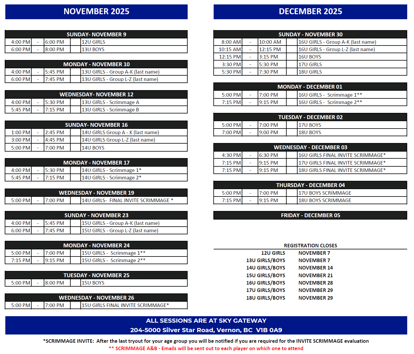 2026 Tryout Schedule